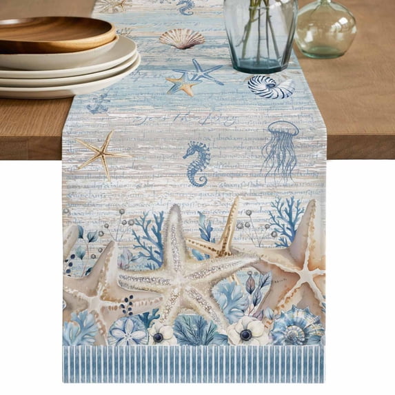 Beige Starfish Coastal Table Runner 108 Inches, Blue Beach Nautical Coral Shell Vintage Bed Runner Dresser Scarves Tabletop for Indoor Outdoor Parties/Ceremony/Banquet, 13"x 108"