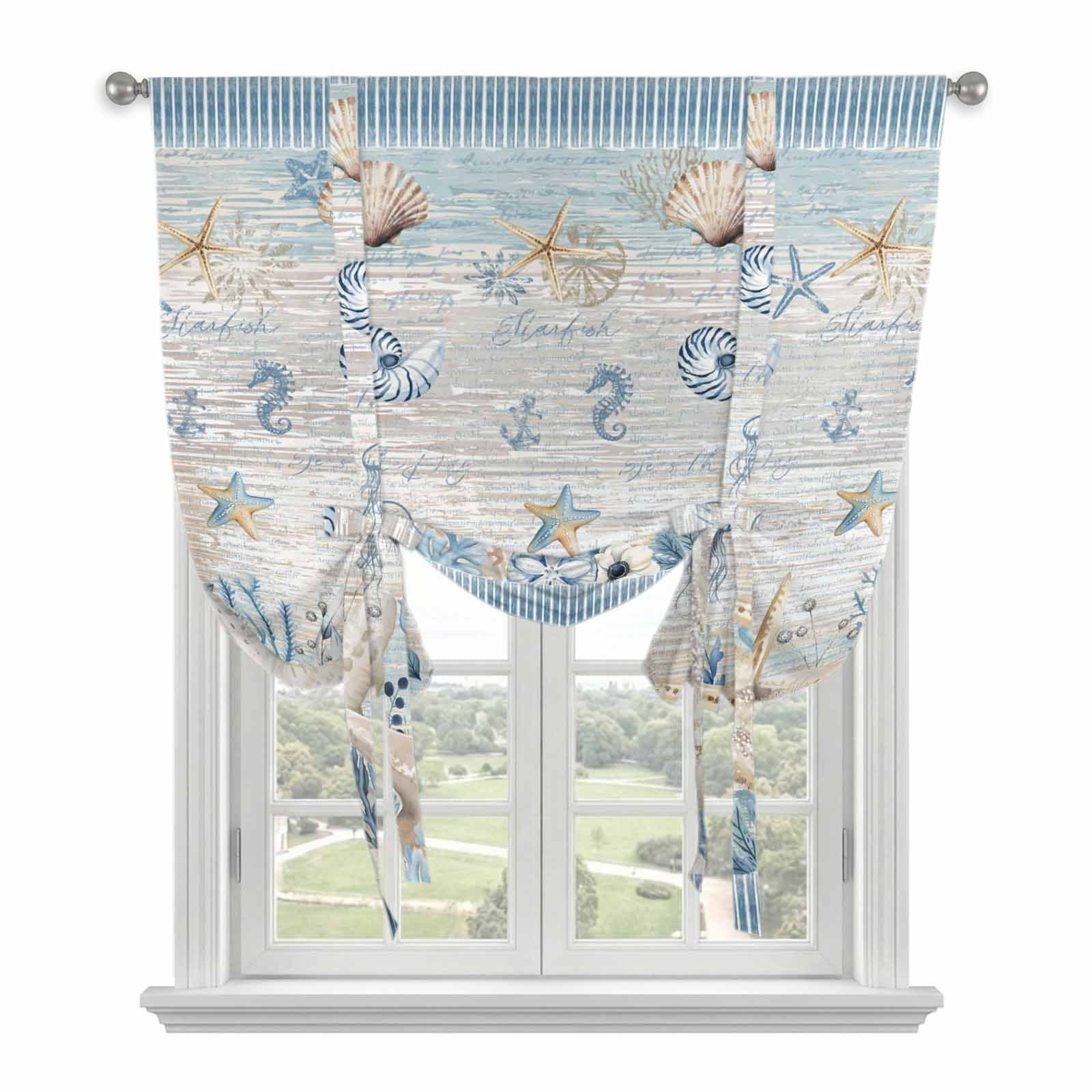 Beige Starfish Coastal Tie Up Curtains for Window, Thermal Insulated ...
