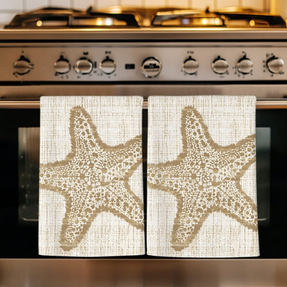 Beige Starfish Kitchen Towels Set of 3, Vintage Gray Farmhouse Coastal Summer Absorbent Dish Towels for Kitchen, Microfiber Hand Towel, Quick Drying Tea Towel for Cleaning Decorative Dishcloths