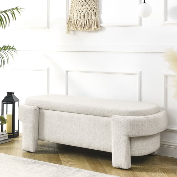 Beige Storage Bench for Home | Used in Living Room as Extra Window Seat | Linen and Foam Material | No Assembly Required
