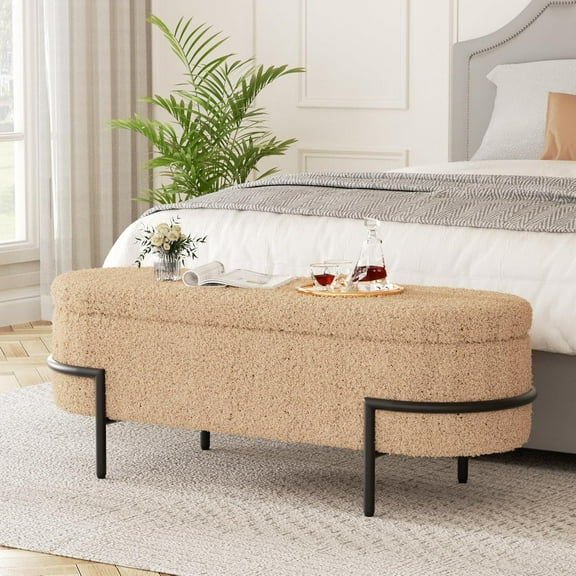 Beige Storage Ottoman Bench with Metal Stand, Upholstered Sherpa Stool with Large Storage Space, Modern Storage Bench for Living Room/Bedroom/End of Bed/Entryway/Bed Side, 45''L