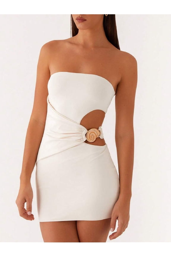 Beige Strapless Mini Dress For Women Slim Fit Side Cut Out Bodycon Party Cocktail Clubwear