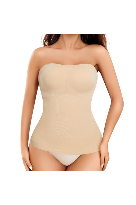 Beige Strapless Shapewear Camisole With Built-In Bra Tummy Control
