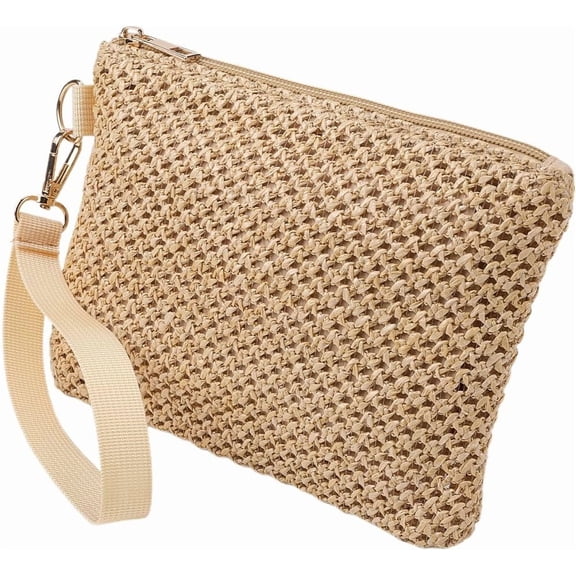 Beige Straw Woven Cosmetic Pouch Beach Straw Purses Portable Vacation Travel Storage Clutch Bags DIY