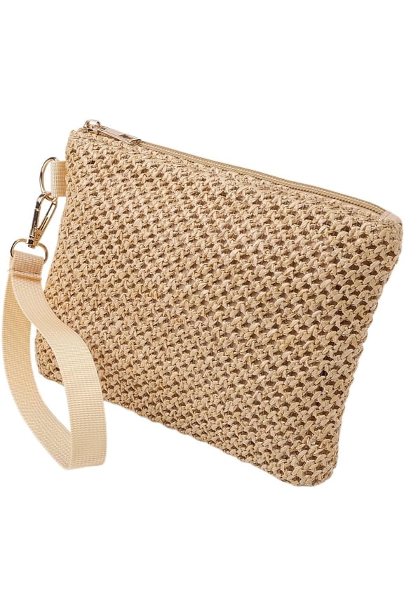 Beige Straw Woven Cosmetic Pouch Beach Straw Purses Portable Vacation Travel Storage Clutch Bags for Outdoor Camping Toiletry Makeup Tools Organiser Hawaii Zipper Handbags 8.3x6in