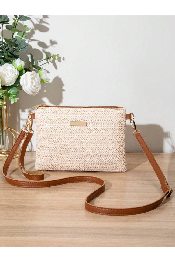 Beige Straw Woven Crossbody Bag With Adjustable Strap