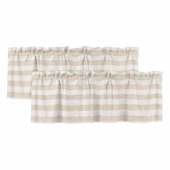 Beige Stripe Curtain Valances for Windows, Kitchen Valance Window Treatments Panel 2 Pack, Vintage Country Geometric Linen Texture Rod Pocket Short Curtains for Bathroom Bedroom 42 x 12 Inch