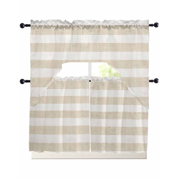 Beige Stripe Kitchen Curtain and Valance Set 3 Pieces,Rod Pocket Short ...
