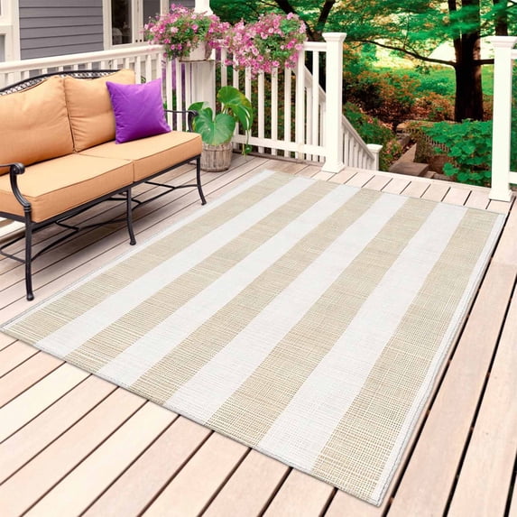 Beige Stripe Outdoor Rug 5x7 Ft, Non Slip Washable Area Rug, Vintage Country Geometric Linen Texture Patio Rugs Carpet Runner, Large Floor Mat for Indoor/Outdoor Deck Porch Camping