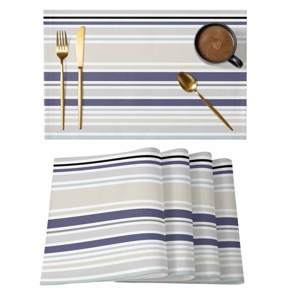 Beige Stripe Placemats Set of 6, Modern Abstract Art Navy Blue Striped Rustic Placemats for Dining Table, Place Mats for Kitchen Tabletop, Waterproof Wipeable Dining Table Mats Set