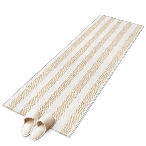 Beige Stripe Runner Rug 2x6 FT,Non Slip Hallway Carpet,Vintage Country Geometric Linen Texture Washable Soft Floor Carpet Non-Shedding Throw Runner Carpet Long Rug for Entryway Kitchen Bedside Door