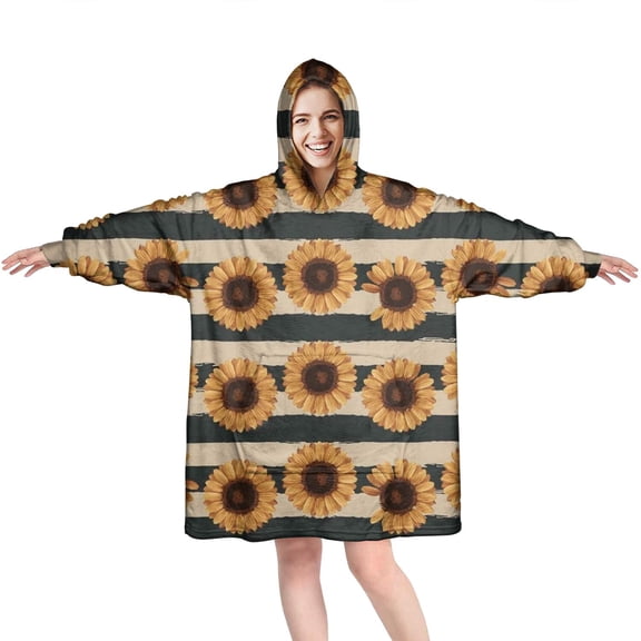 Beige Stripe Sunflower Pattern Wearable Oversized Blanket,Wearable Blanket Hoodie for Adults,Cozy Hooded Blankets with Super Pockets,Super Warm Fuzzy Pullover for Women & Men
