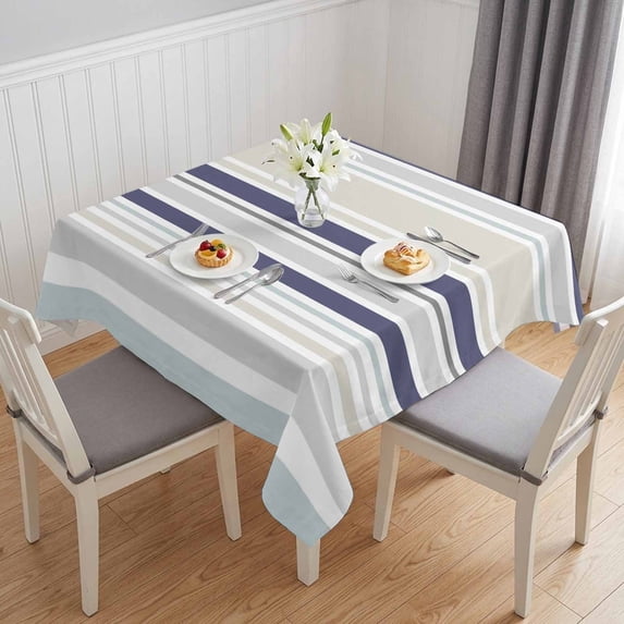 Beige Stripe Table Cloth Waterproof Tablecloths, Modern Abstract Art Navy Blue Striped Rustic Tablecloth Dining Table Cover for Kitchen Party Tabletop Outdoor, Square Tablecloth 60x60 Inch