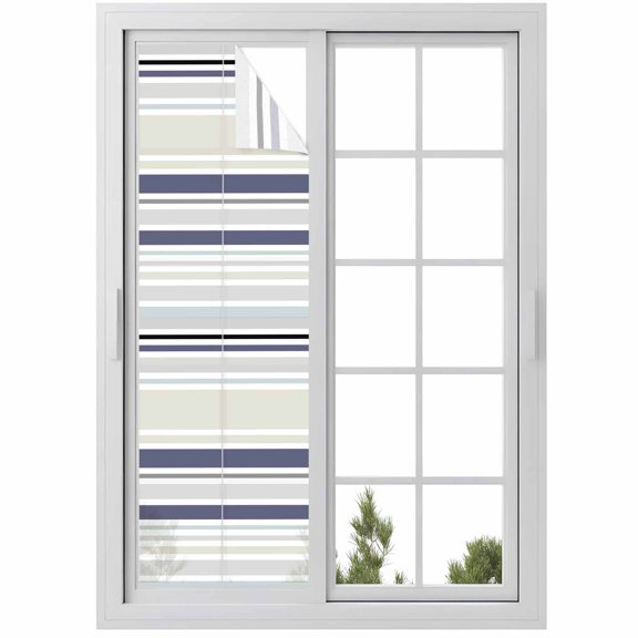 Beige Stripe Window Privacy Film, Modern Abstract Art Navy Blue Striped Rustic Static Cling UV Sun Blocking Heat Control Window Tint, Non-Adhesive One Way Windows Privacy Cover 17.7''x78.7''