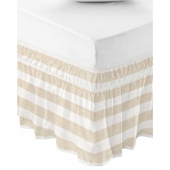 Beige Stripe Wrap Around Bed Skirts for Queen Bed 18" Drop,Bed Skirt with Adjustable Elastic Belt Dust Ruffle Bed Valance for Bedroom Hotel Vintage Country Geometric Linen Texture Bed Frame Cover