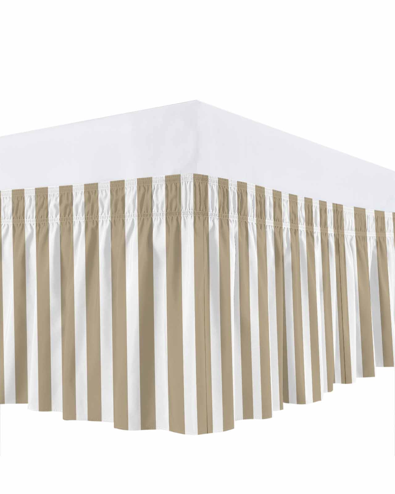 Beige Striped Bed Skirt Queen Size, Modern Farmhouse Beige White Stripes Wrap Around Bed Skirting with Adjustable Elastic Strap, Dust Ruffle Pleated Bedskirts 18 Inch Drop for Bedroom Queen Beds