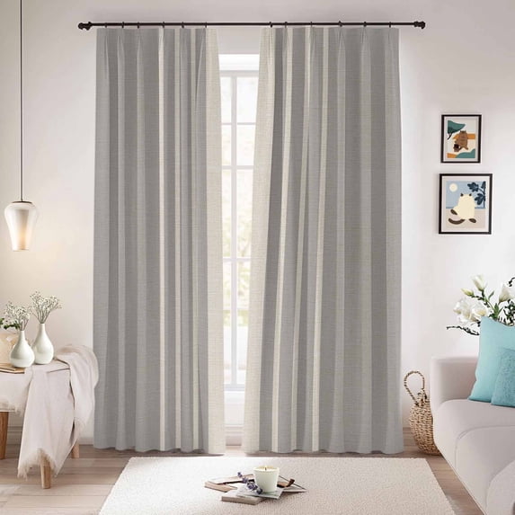 Beige Striped Blackout Curtains for Bedroom/Living Room, Pinch Pleated Black Out Curtains, Grey Geometric Minimalist Modern Artwork Room Darkening Window Drapes with Hooks 2 Panels, 39"x70"