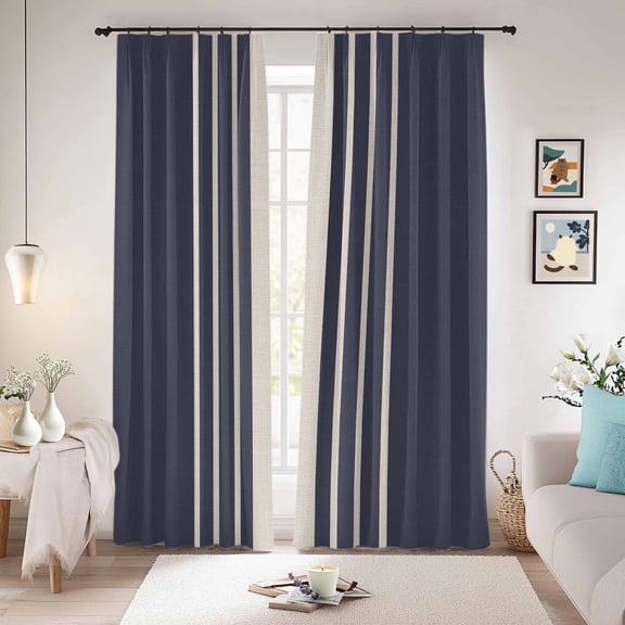 Beige Striped Blackout Curtains for Bedroom/Living Room, Pinch Pleated Black Out Curtains, Midnight Blue Geometric Simple Retro Room Darkening Window Drapes with Hooks 2 Panels, 59"x70"