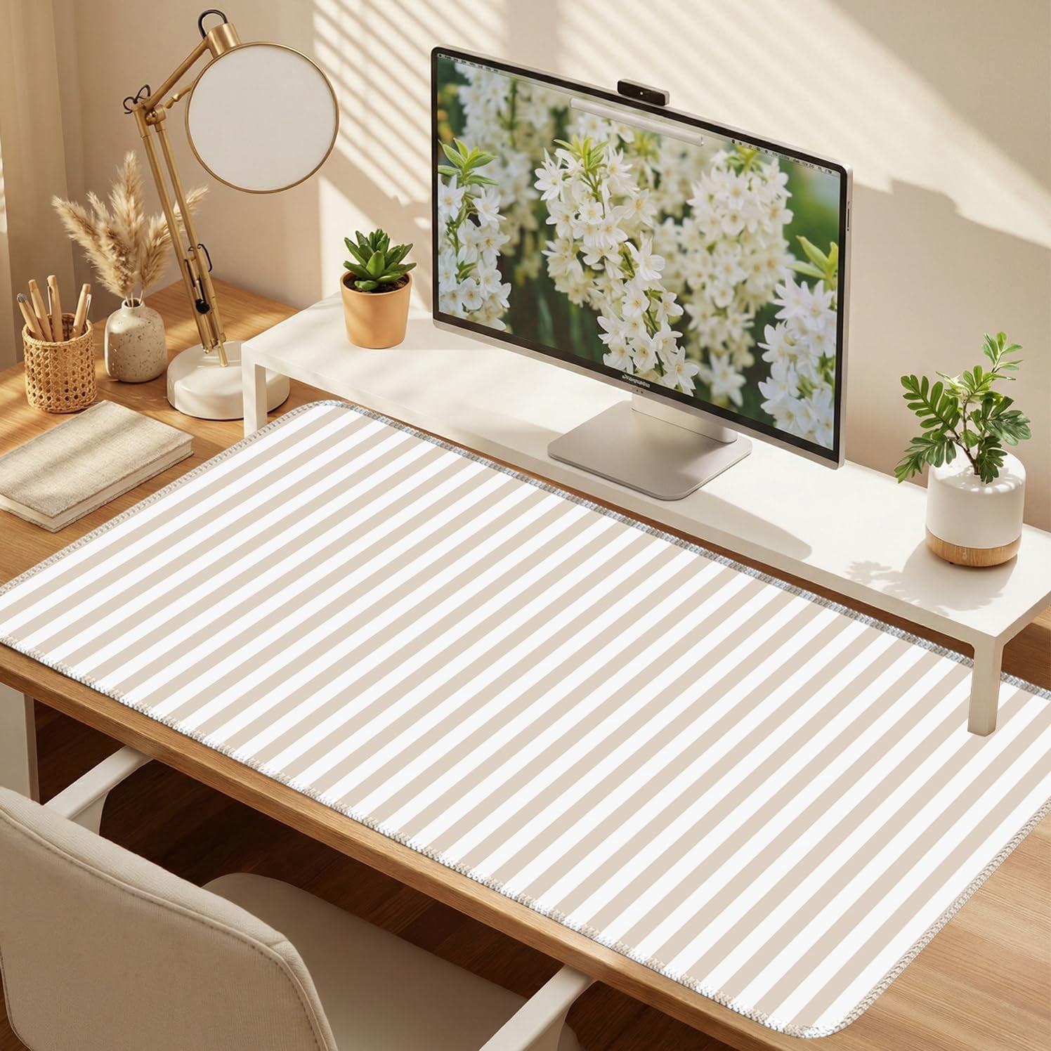 Beige Striped Desk Mat Cute Pastel Xxl Large Gaming Mouse Pad Aesthetic ...