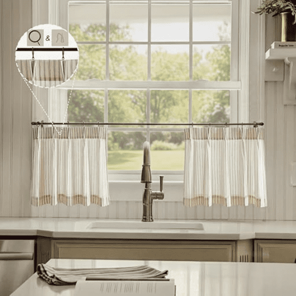 Beige Striped Farmhouse Linen Cafe Curtains, 18-Inch Length Pinch Pleat Kitchen Curtains for Small Windows, Natural Textured Window Treatment