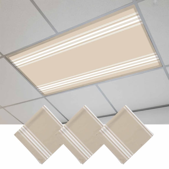 Beige Striped Fluorescent Light Covers, Farmhouse Luxurious White Stripes Modern Abstract Art Magnetic Light Covers for Ceiling Lights, Fluorescent Ceiling Shade for Classroom Office 4x2Ft x 3PCS