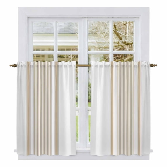 Beige Striped Kitchen Curtains 54 Inch Length, Farmhouse Thin Vertical Stripes Tiers Curtains for Bathroom Bedroom Cafe, Light Filtering Small Window Treatment Short Tiered Drapes 2 Panels 42"Wx54"L