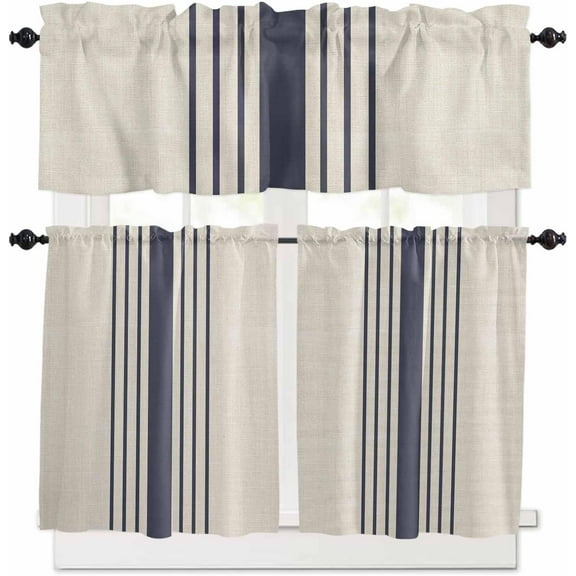 Beige Striped Kitchen Curtains, Midnight Blue Geometric Simple Retro 3-Piece Kitchen Curtain Valance and Tiers Set 24 Inch Length, Rod Pocket Half Window Curtains for Cafe Living Room Bathroom