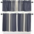 thumbnail image 1 of Beige Striped Kitchen Curtains, Midnight Blue Geometric Simple Retro 3-Piece Kitchen Curtain Valance and Tiers Set 36 Inch Length, Rod Pocket Half Window Curtains for Cafe Living Room Bathroom, 1 of 6