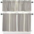 thumbnail image 1 of Beige Striped Kitchen Curtains, Midnight Blue Geometric Simple Retro 3-Piece Kitchen Curtain Valance and Tiers Set 36 Inch Length, Rod Pocket Half Window Curtains for Cafe Living Room Bathroom, 1 of 5