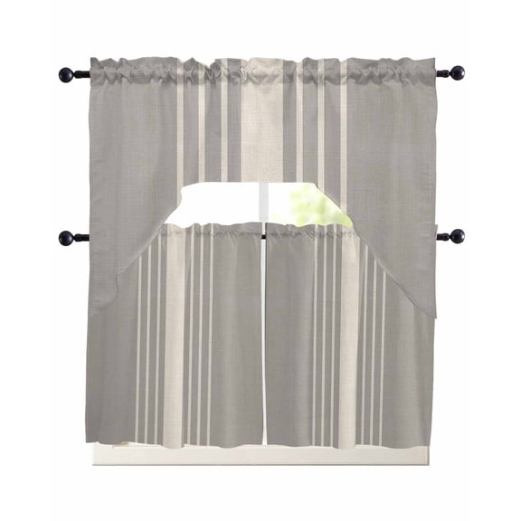 Beige Striped Kitchen Curtains Sets 36 Inch Length with Valance, Grey Geometric Minimalist Modern Artwork Swag Valances and Tiers Curtain Set Drapes Swag Curtains for Living Room, Bathroom, Bedroom