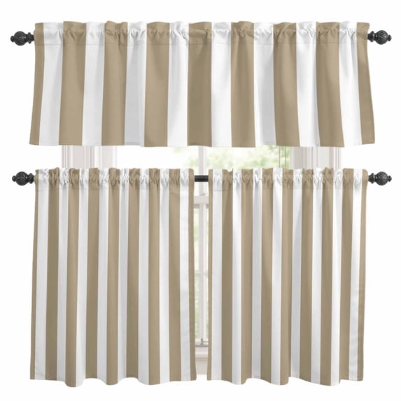 Beige Striped Kitchen Curtains Sets for Windows 36 Inch Length, Modern Farmhouse Beige White Stripes Rod Pocket Window Treatments Tier Curtains and Valances Set for Bedroom/Bathroom