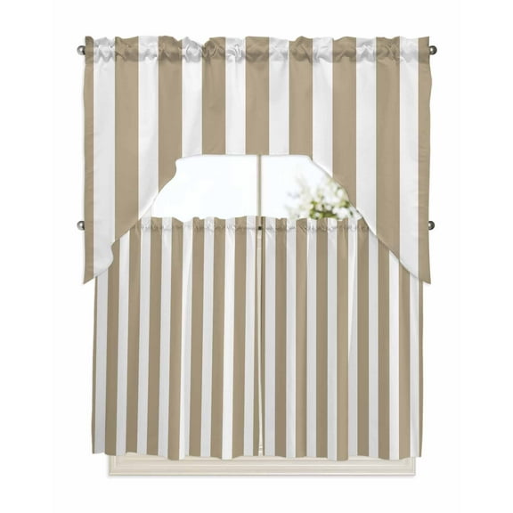 Beige Striped Kitchen Curtains Swag Valance and Tier Curtains Set 36 Inch Length, Modern Farmhouse Beige White Stripes Rod Pocket Drape Panels Pair Swag Curtains for Bathroom/Cafe/Window