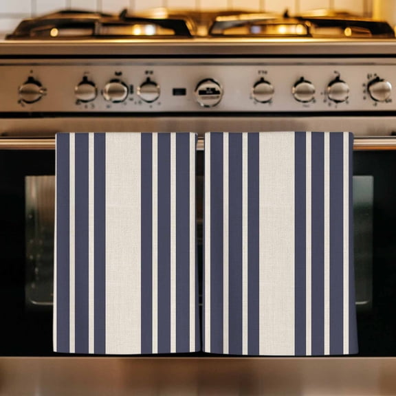 Beige Striped Kitchen Towels Set of 1, Midnight Blue Geometric Simple Retro Absorbent Dish Towels for Kitchen, Microfiber Hand Towel, Quick Drying Tea Towel for Cleaning Decorative Dishcloths