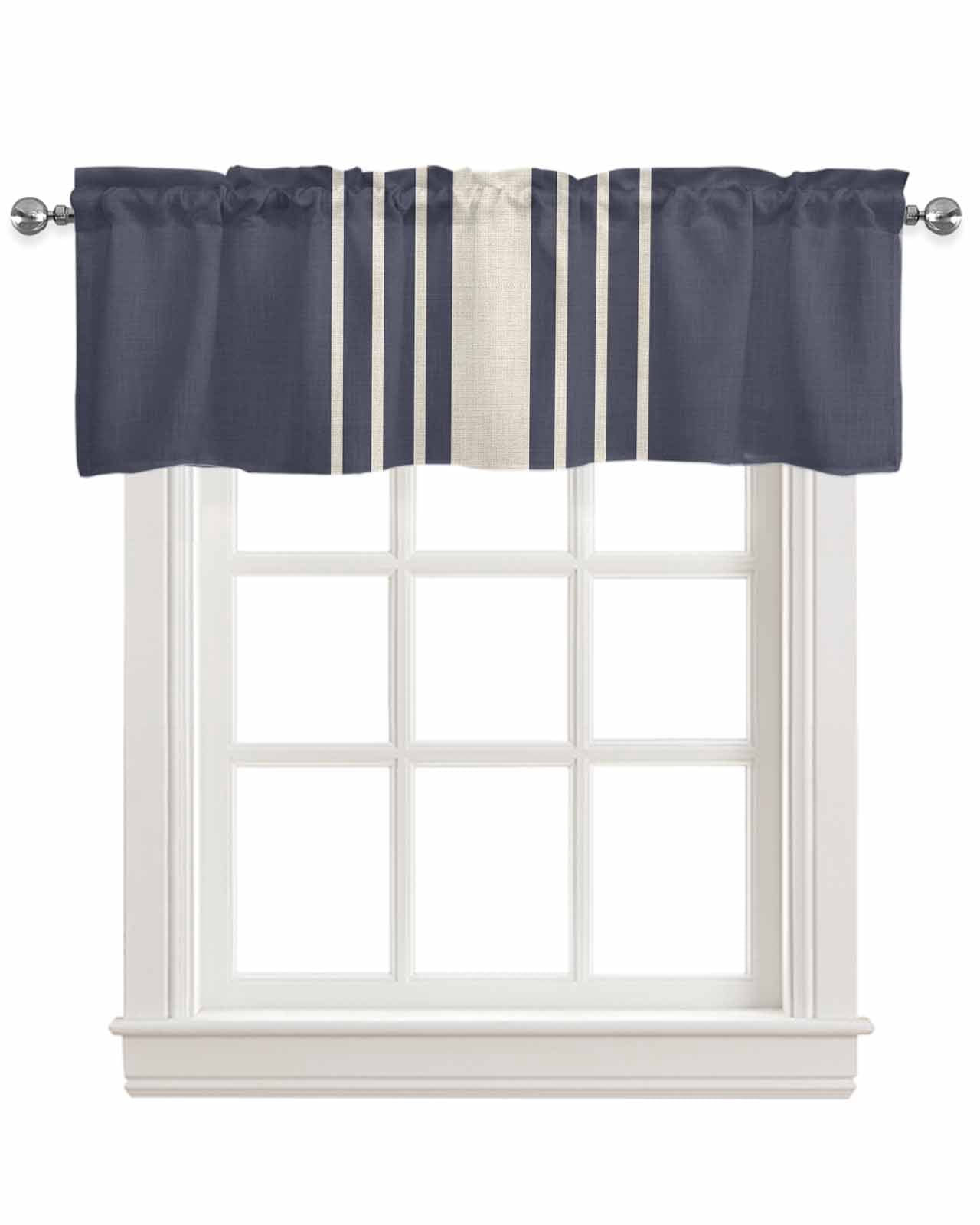 Beige Striped Kitchen Valances for Windows Farmhouse Linen Window Valance Curtain for Living Room Window Treatment Midnight Blue Geometric Simple Retro Valance Rod Pocket Topper Drape, 42 x 18 Inch