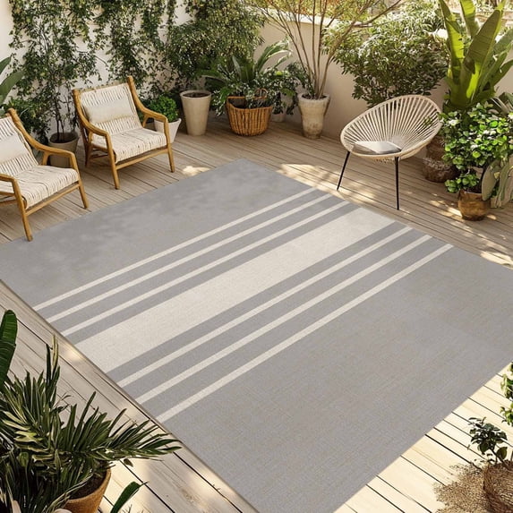 Beige Striped Outdoor Rug 6x9 Ft - Reversible Patio Rug Outdoor Camping Rugs, Grey Geometric Minimalist Modern Artwork Washable Indoor Outdoor Area Rugs, Non-Slip Outdoor Carpet Runner for Deck/Porch