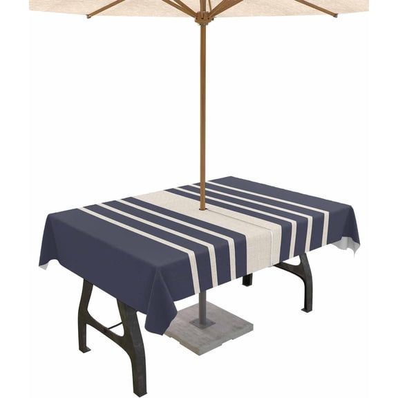 Beige Striped Outdoor Tablecloth with Umbrella Hole Rectangle,Midnight Blue Geometric Simple Retro Waterproof Table Cloth Washable Wipeable Cover Spill Proof for Patio Spring Summer Picnic BBQ 60x84