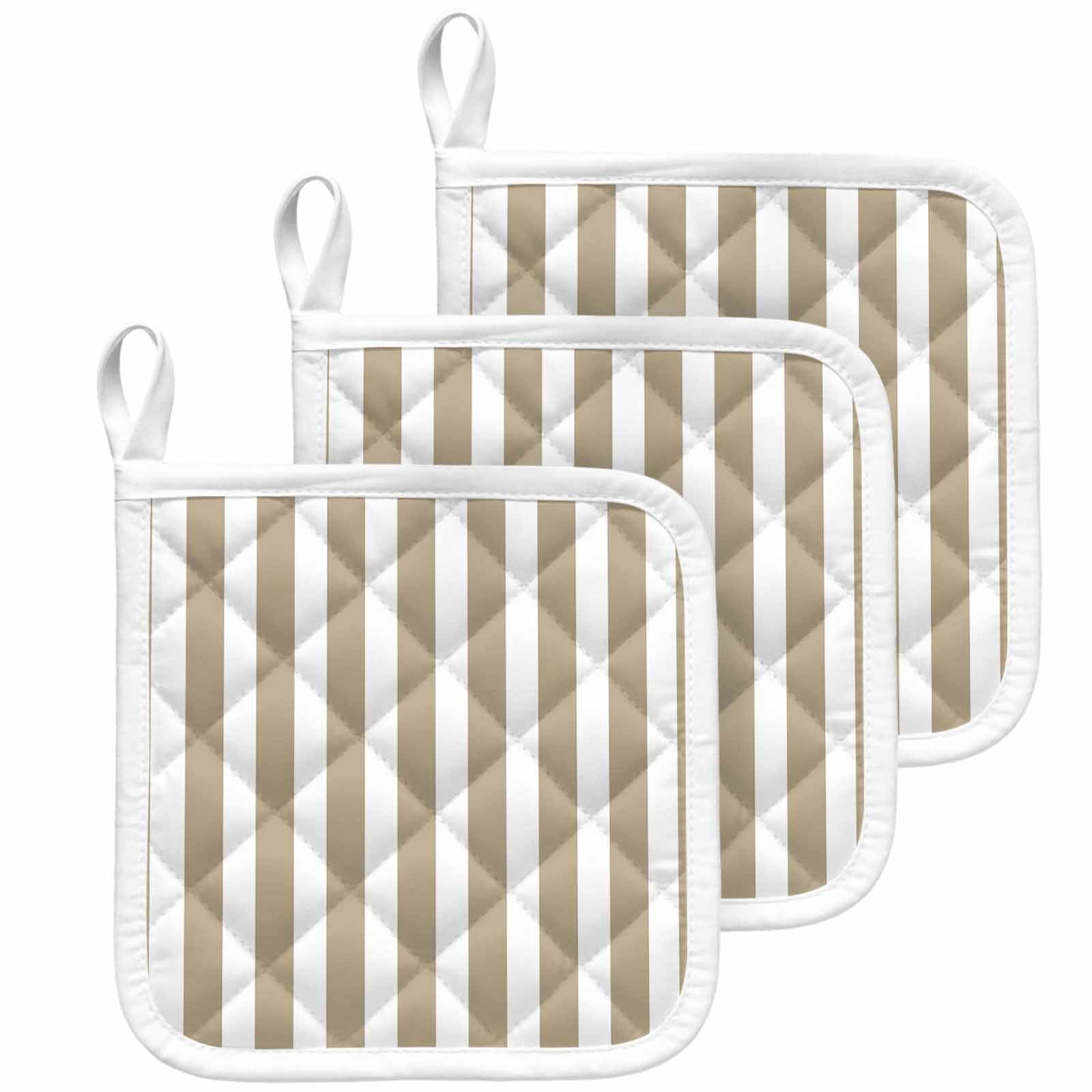 Beige Striped Pot Holders for Kitchen Heatproof Potholder, 3 Pack Modern Farmhouse Beige White Stripes Hot Pads Multipurpose Oven Pads Cloth Potholders Trivet for Cooking Baking