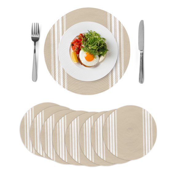 Beige Striped Round 13 Inch Placemats Set of 8, Farmhouse Luxurious White Stripes Modern Abstract Art HeatResistant Non Slip Place Mats for Dining Table, Wipeable Kitchen Table Mats for Housewarming