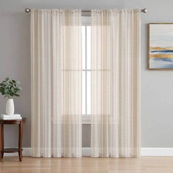 Beige Striped Sheer Curtains 84 Inch Length 2 Panels Set, Modern Minimalist Stripes Farmhouse Voile Window Treatment Rod Pocket Curtains Sheers Drapes for Bedroom/Living Room/Kitchen 52"x84"x2