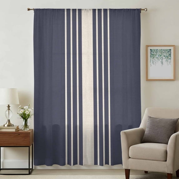 Beige Striped Sheer Curtains 84 Inches Long, Midnight Blue Geometric Simple Retro Light Filering Curtains, Breathable Simi Curtain Privacy Drapes for Living Room Bedroom Lightweight Window Treatment