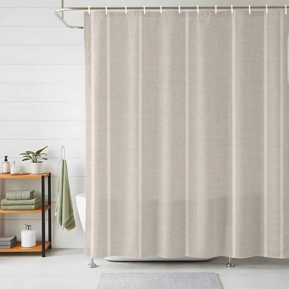 Beige Striped Shower Curtains for Bathroom, Farmhouse Linen Texture Line Stripes Waterproof Fabric Shower Curtain, Decorative Bathroom Curtain for Bathtub, 72"x84", No Hooks Included