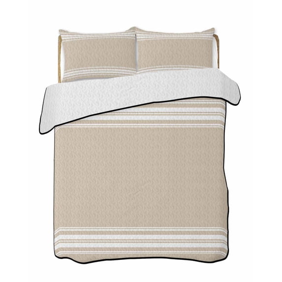 Beige Striped Summer Quilt Set Twin Size,Soft Quilted Bedding Set with 2 Pillow Shams,Farmhouse Luxurious White Stripes Modern Abstract Art All Season Bedspread Coverlet for Bedroom 68"x86"