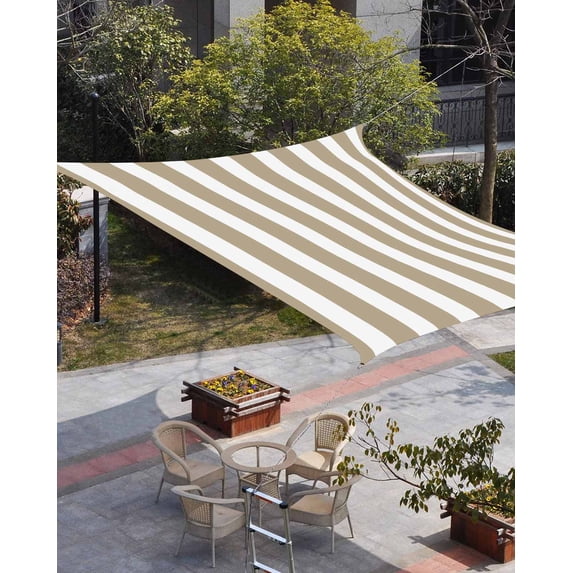 Beige Striped Sun Shade Sail 6.5'x10' Rectangle Outdoor Shade Canopy, Modern Farmhouse Beige White Stripes Porch Shades Outdoor Sun Blocking Screen, Sunshade Cloth Covers for Patio/Deck/Garden