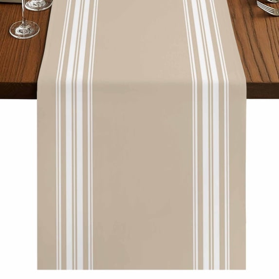 Beige Striped Table Runner 90 Inches Long,Farmhouse Luxurious White Stripes Modern Abstract Art Cotton Linen Table Runners Dresser Scarves,Tabletop Scarf Furniture Cover for Home Dinner Party 13"x90"