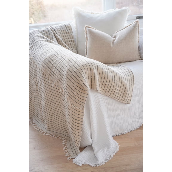Beige Striped Turkish Cotton Crinkled Throw Beige