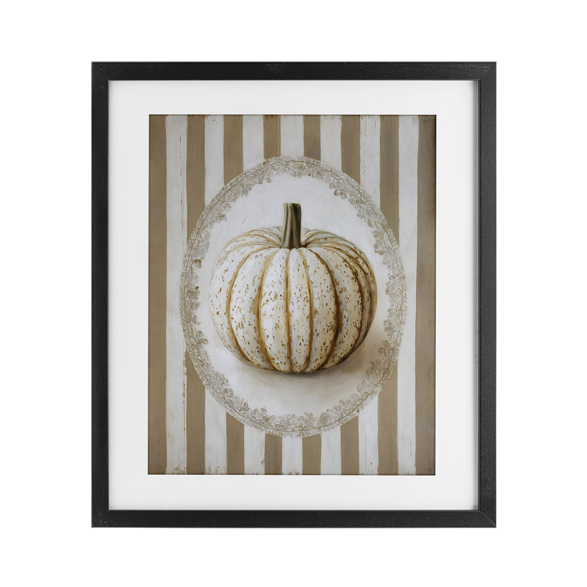 Beige Stripes Pumpkin Black Framed Print Under Glass, design by Arlington Prints