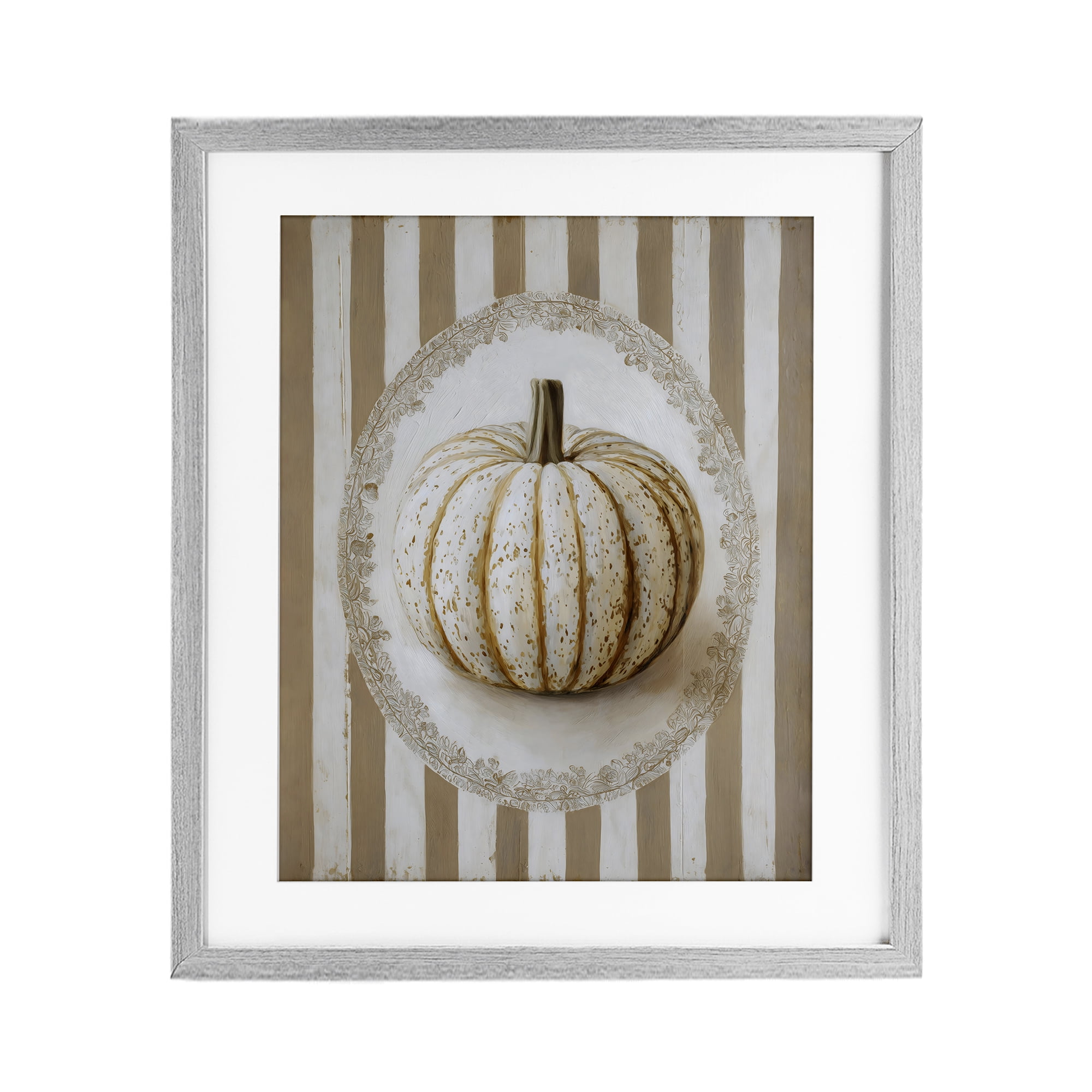 Beige Stripes Pumpkin Gray Framed Print Under Glass, design by Arlington Prints