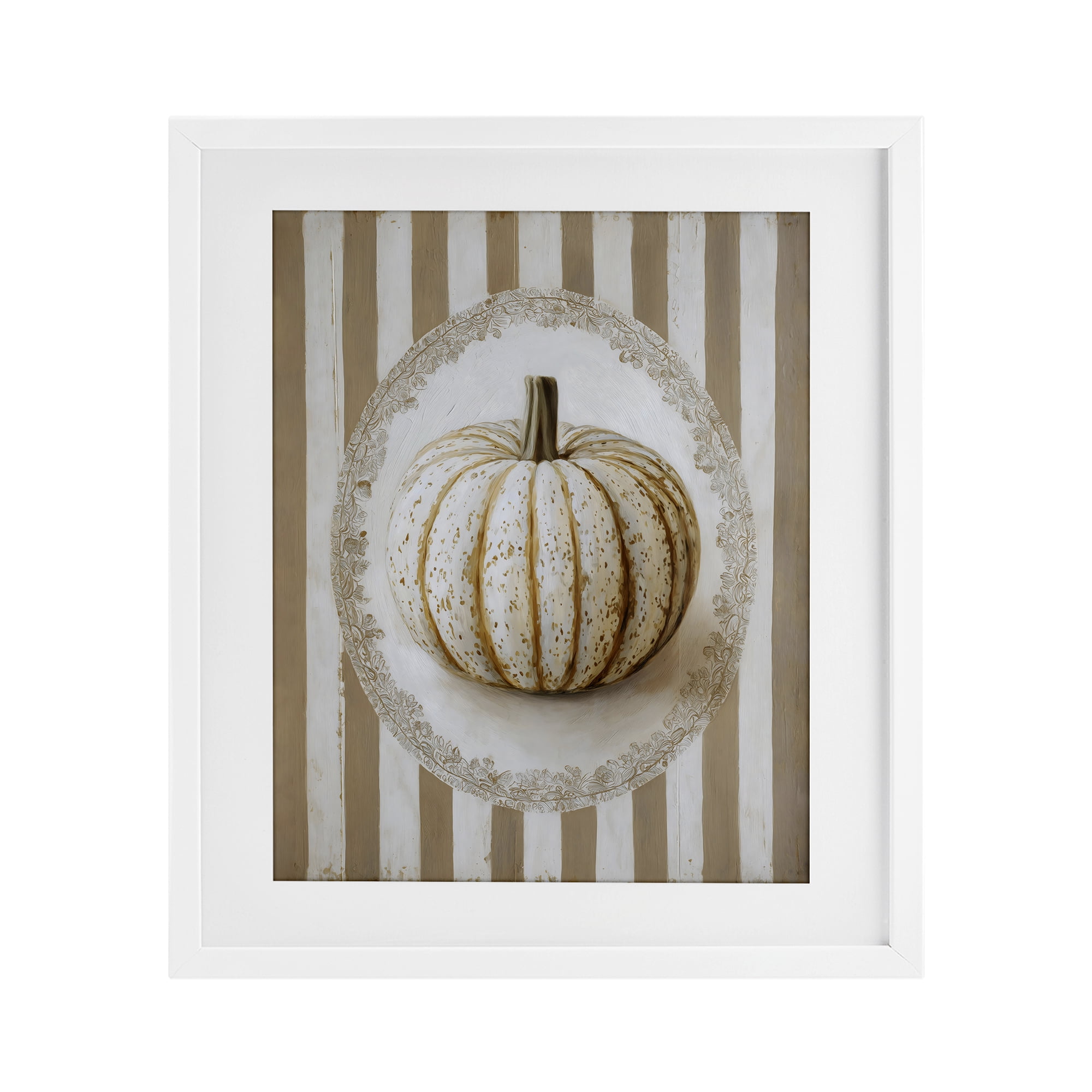 Beige Stripes Pumpkin White Framed Print Under Glass, design by Arlington Prints
