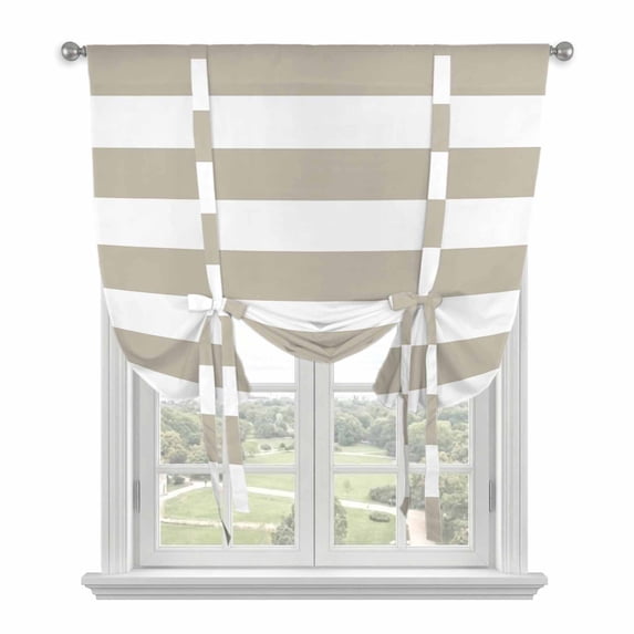 Beige Stripes Tie Up Curtains for Kitchen Windows,Adjustable Rod Pocket Valance 45 Inch Short, Simple Beige White Texture Window Treatment Balloon Roman Blind Shade, 42" x 45"