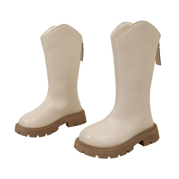 Beige Stylish Boots For Girls With A Bow Knot And Side Zipper, Constructed From Soft Artificial Leather, For Versatile Occasions